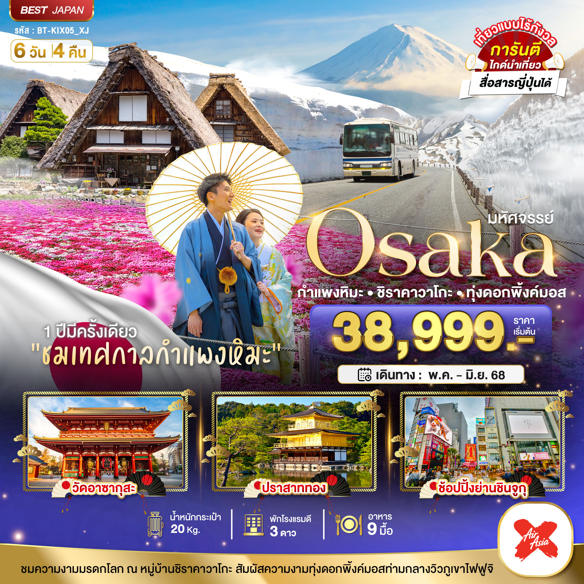 มหัศจรรย์...Osaka กำแพงหิมะ ชิราคาวาโกะ ทุ่งดอกพิ้งค์มอส 6 วัน 4 คืน